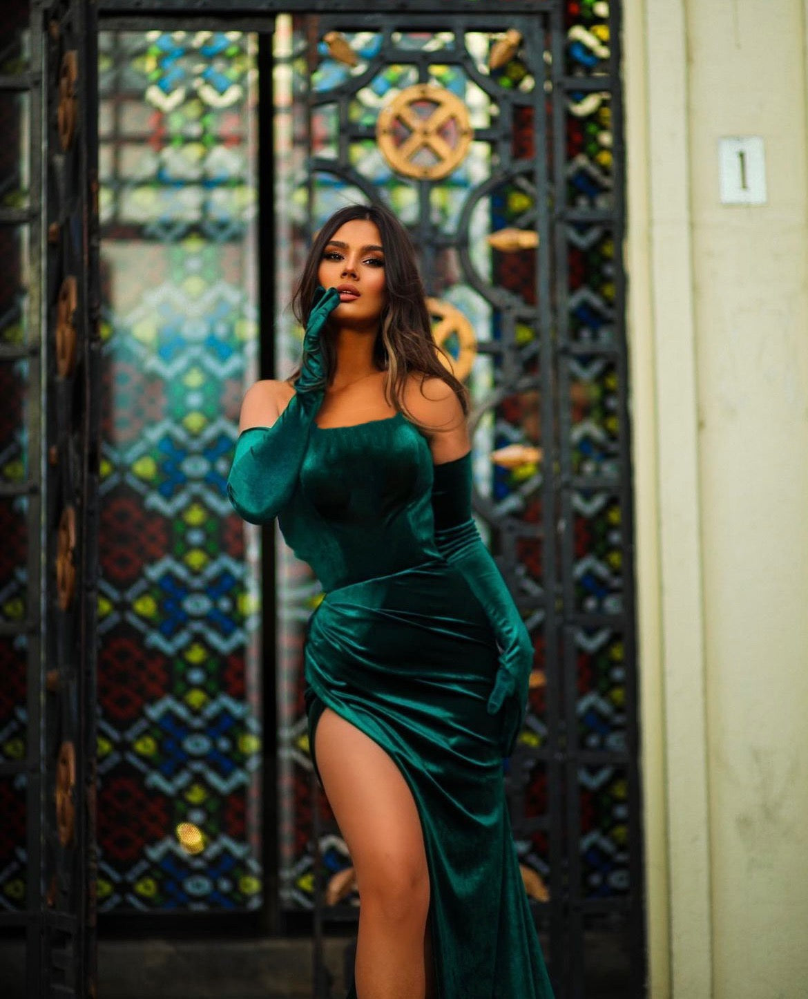 Emerald Green Velvet Maxi Dress with a Corset Bustier