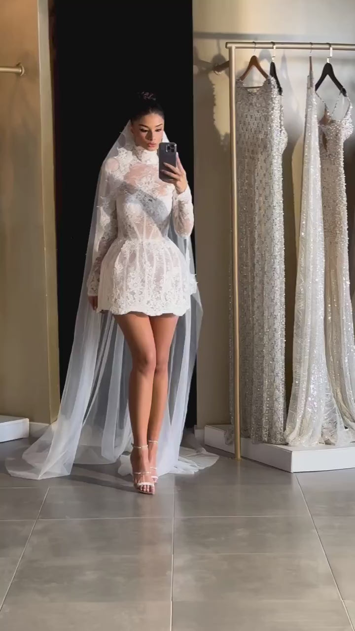 long sleeve mini wedding dress White A-Line Jewel Bridal Dresses -newarrivaldress The textured jacquard fabric creates a luxurious dimension whilst the structured silhouette with square neckline offers timeless elegance Rouinmo Women's Ivory Sparkly Sequin